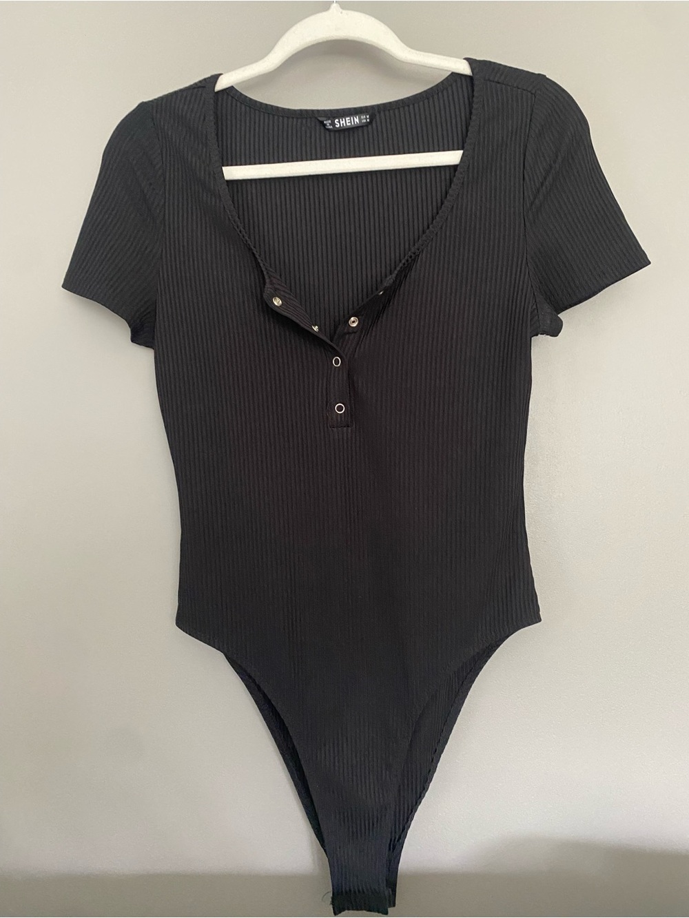 SHEIN Black Ribbed Short-Sleeve Snap-Front One-Piece Bodysuit